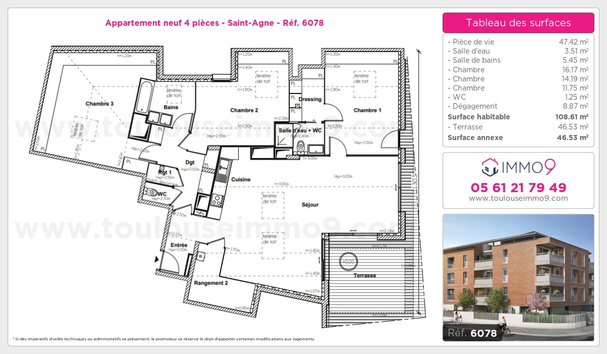 Plan et surfaces, Programme neuf Toulouse : Saint-Agne Référence n° 6078