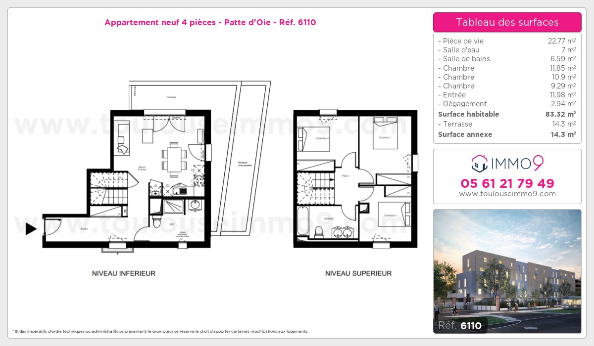 Plan et surfaces, Programme neuf Toulouse : Patte d'Oie Référence n° 6110