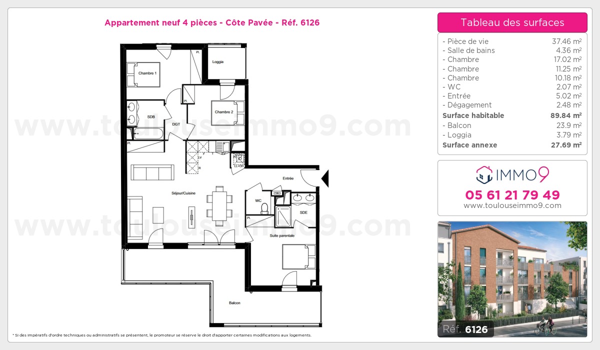 Plan et surfaces, Programme neuf Toulouse : Côte Pavée Référence n° 6126