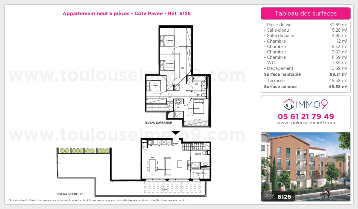 Plan et surfaces, Programme neuf Toulouse : Côte Pavée Référence n° 6126