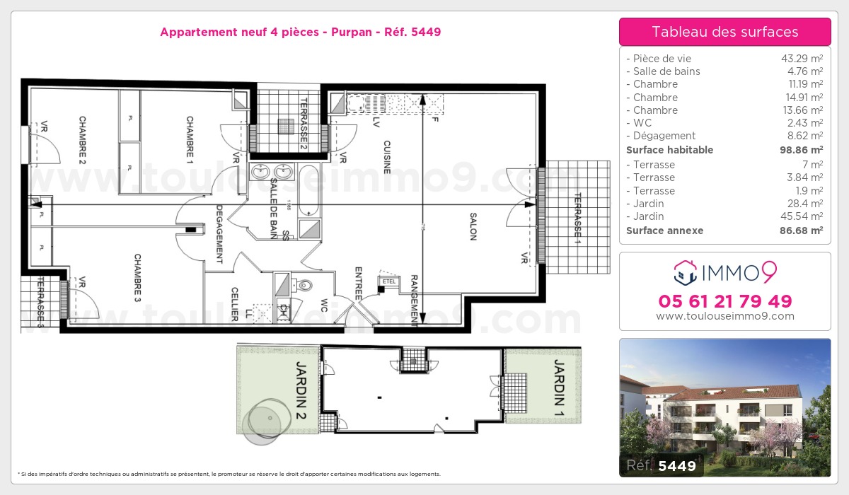 Plan et surfaces, Programme neuf Toulouse : Purpan Référence n° 5449