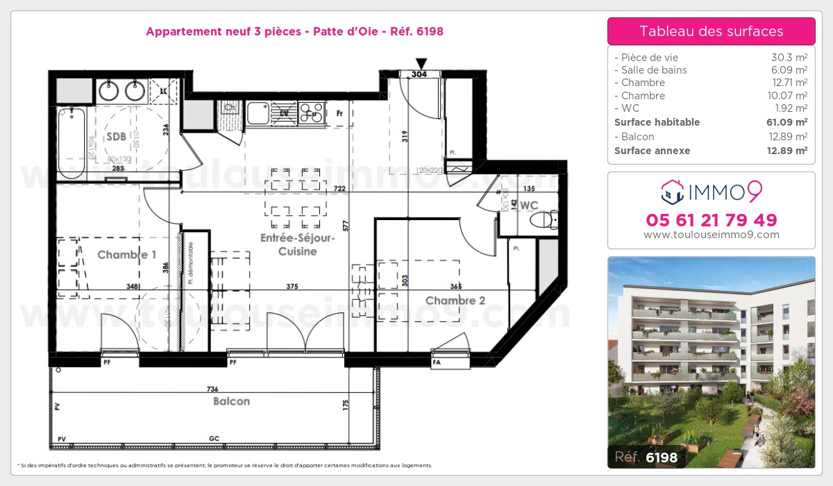 Plan et surfaces, Programme neuf Toulouse : Patte d'Oie Référence n° 6198