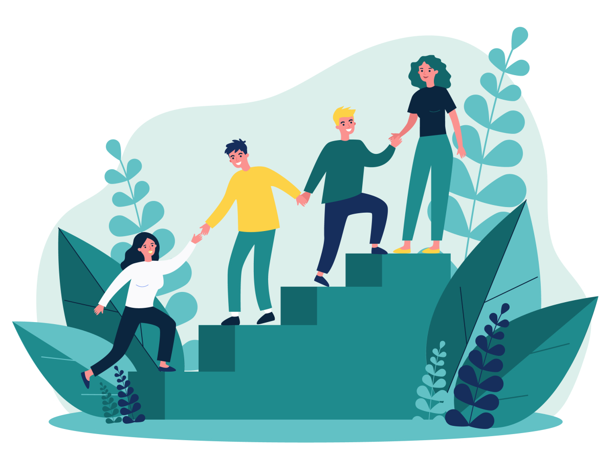 zfe toulouse – illustration de personnes se tenant la main pour grimper un escalier orné de plantes vertes