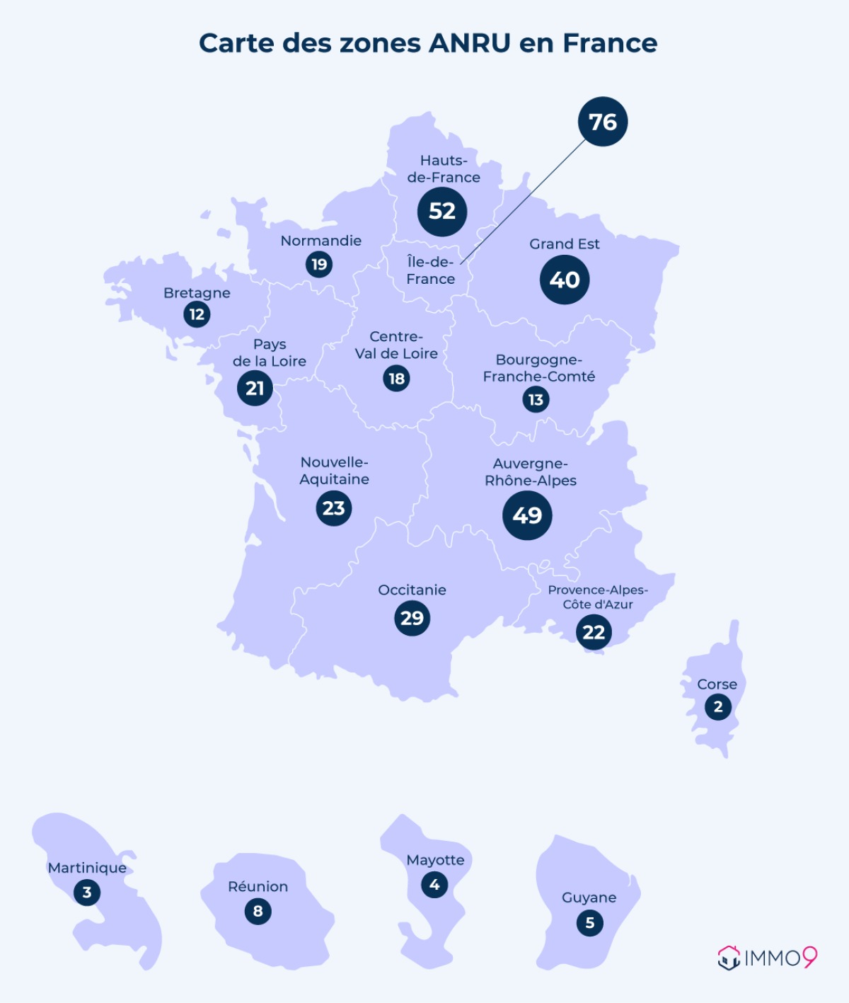 carte zone anru IMMO9– carte de France avec le nombre de zones ANRU