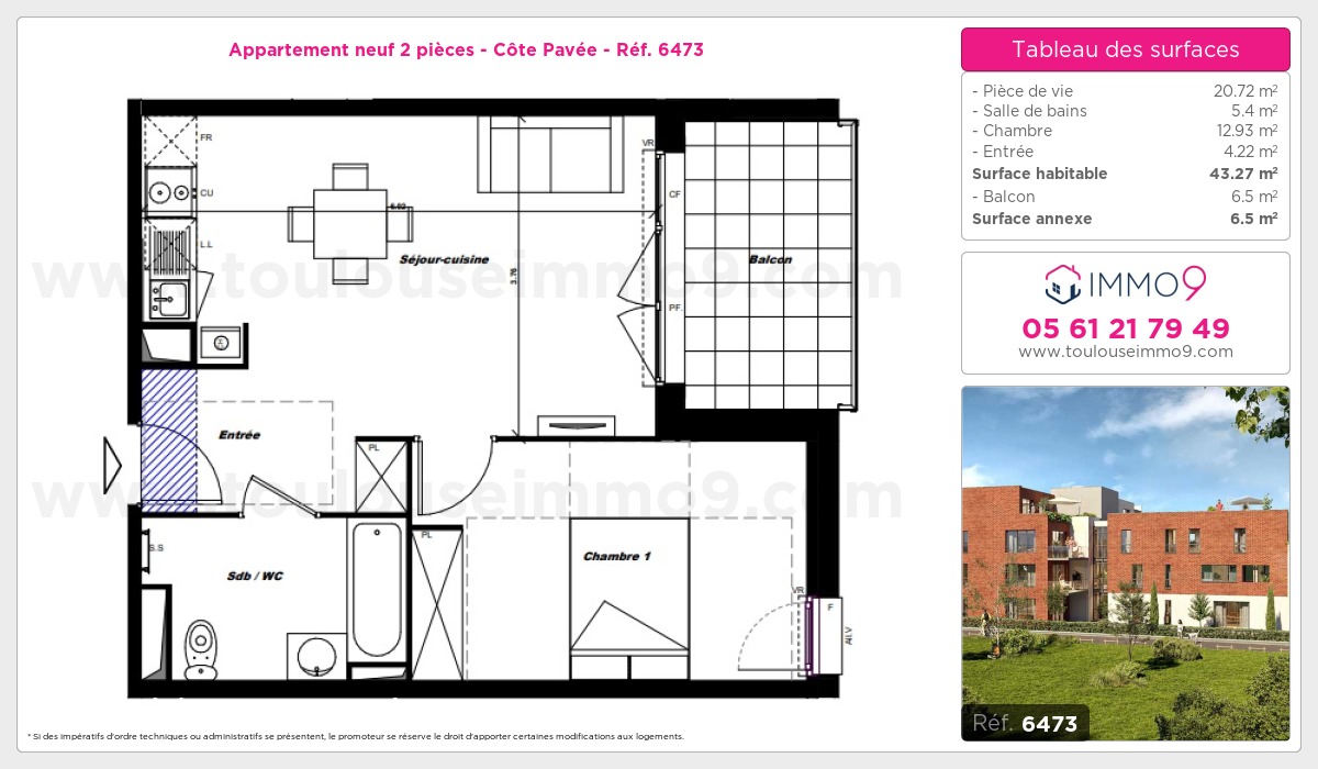 Plan et surfaces, Programme neuf Toulouse : Côte Pavée Référence n° 6473