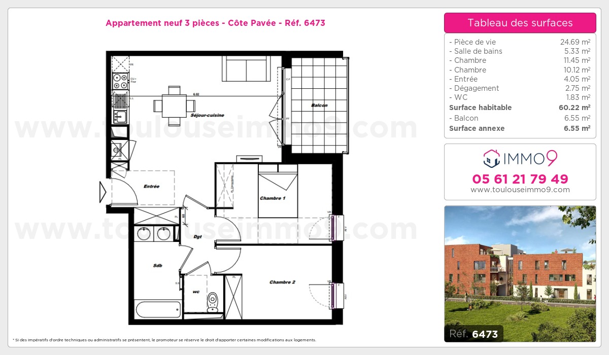 Plan et surfaces, Programme neuf Toulouse : Côte Pavée Référence n° 6473