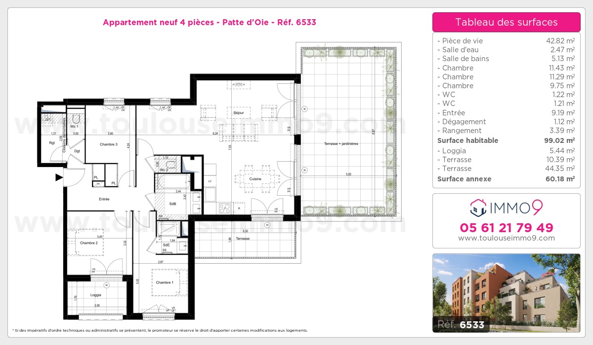 Plan et surfaces, Programme neuf Toulouse : Patte d'Oie Référence n° 6533