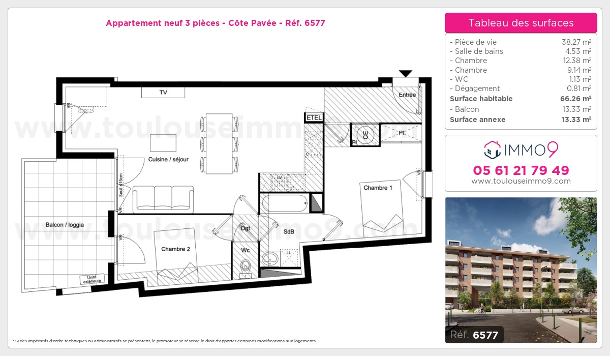 Plan et surfaces, Programme neuf Toulouse : Côte Pavée Référence n° 6577