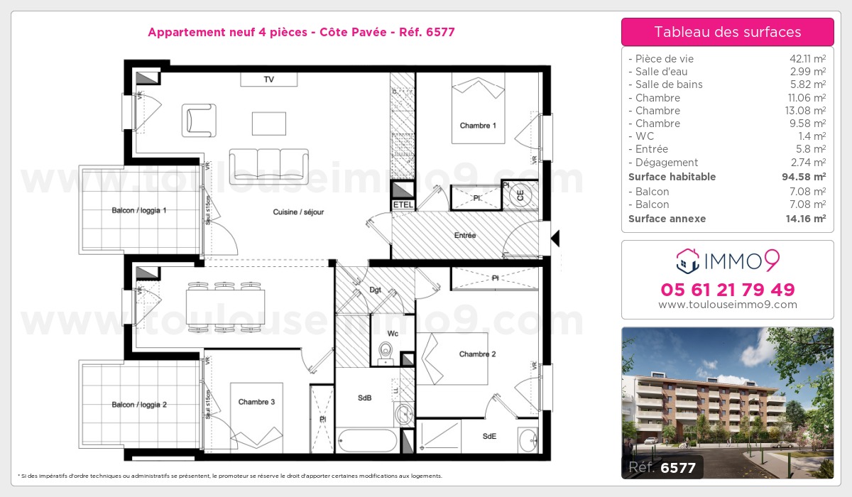 Plan et surfaces, Programme neuf Toulouse : Côte Pavée Référence n° 6577