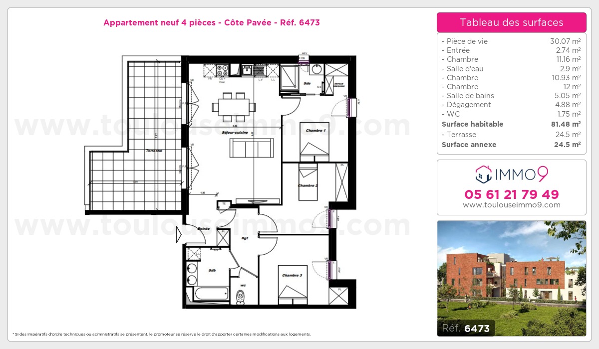 Plan et surfaces, Programme neuf Toulouse : Côte Pavée Référence n° 6473