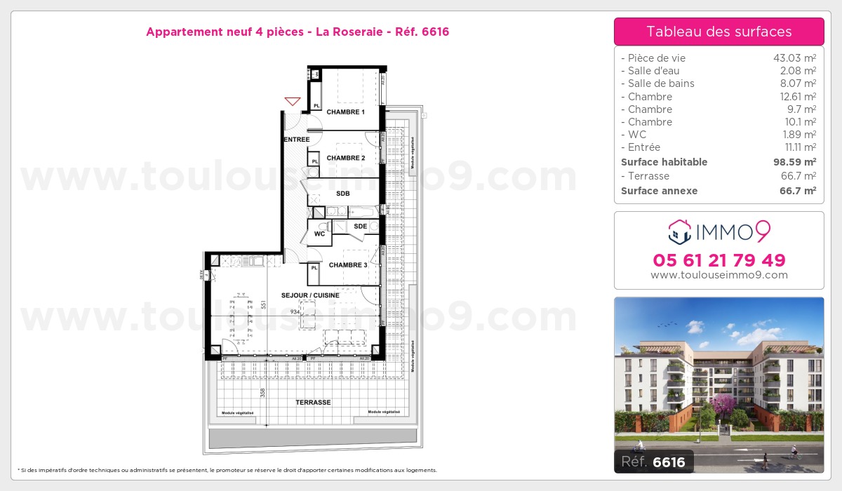 Plan et surfaces, Programme neuf Toulouse : Roseraie Référence n° 6616