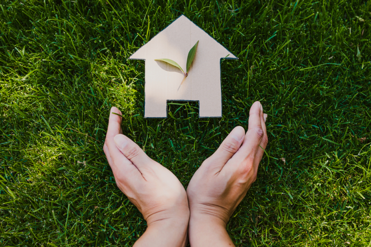 Valeur verte logement — des mains tendues vers une maison miniature sur un fond de sol en gazon
