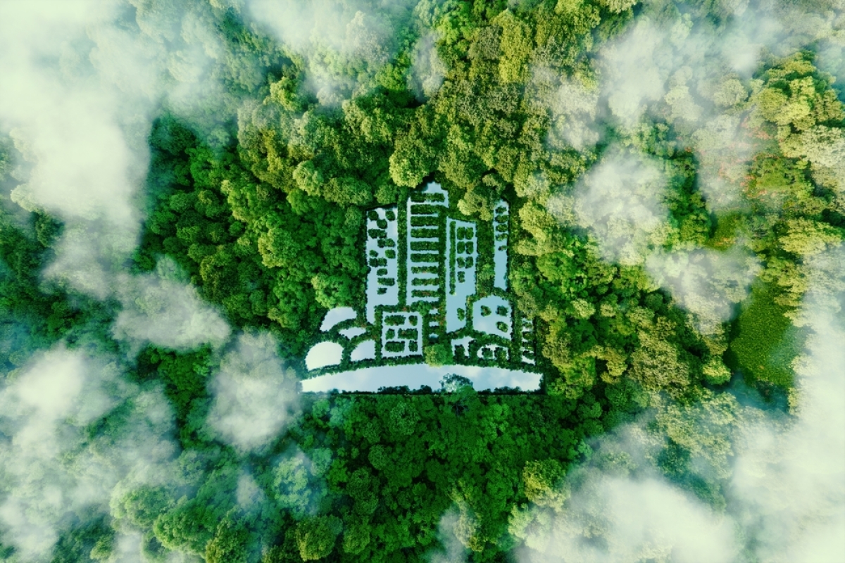 Quartier Guillaumet Toulouse — Symbole représentant une ville dessinée dans une forêt vue du ciel