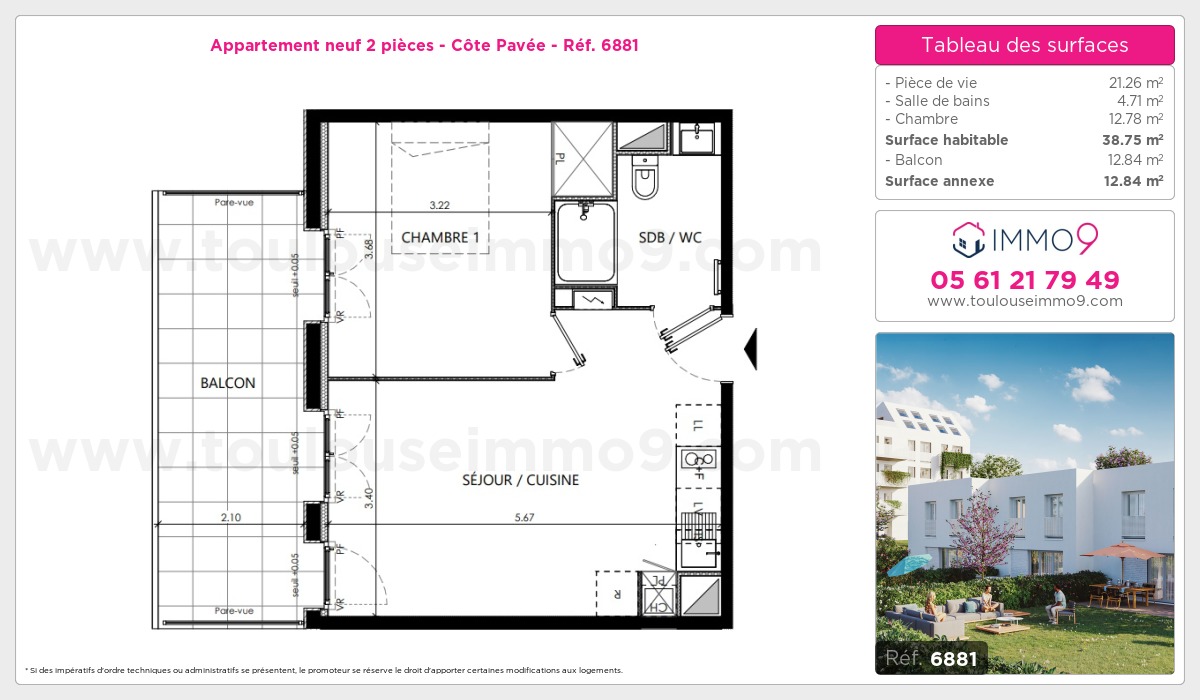 Plan et surfaces, Programme neuf Toulouse : Côte Pavée Référence n° 6881