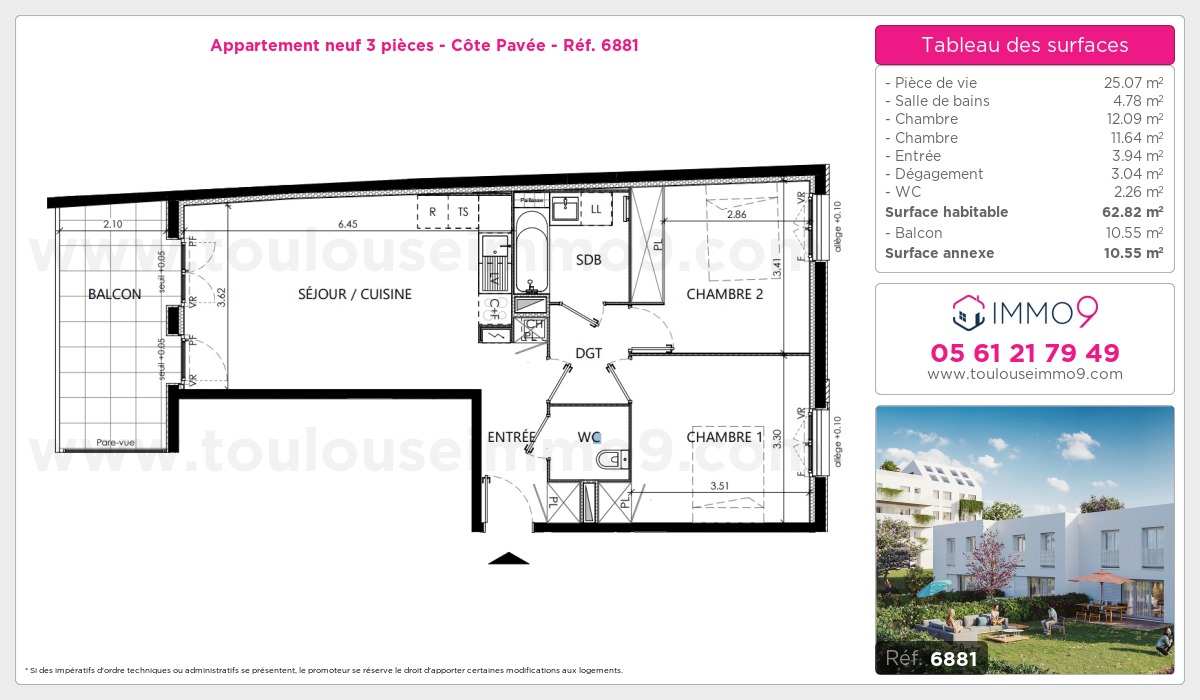 Plan et surfaces, Programme neuf Toulouse : Côte Pavée Référence n° 6881