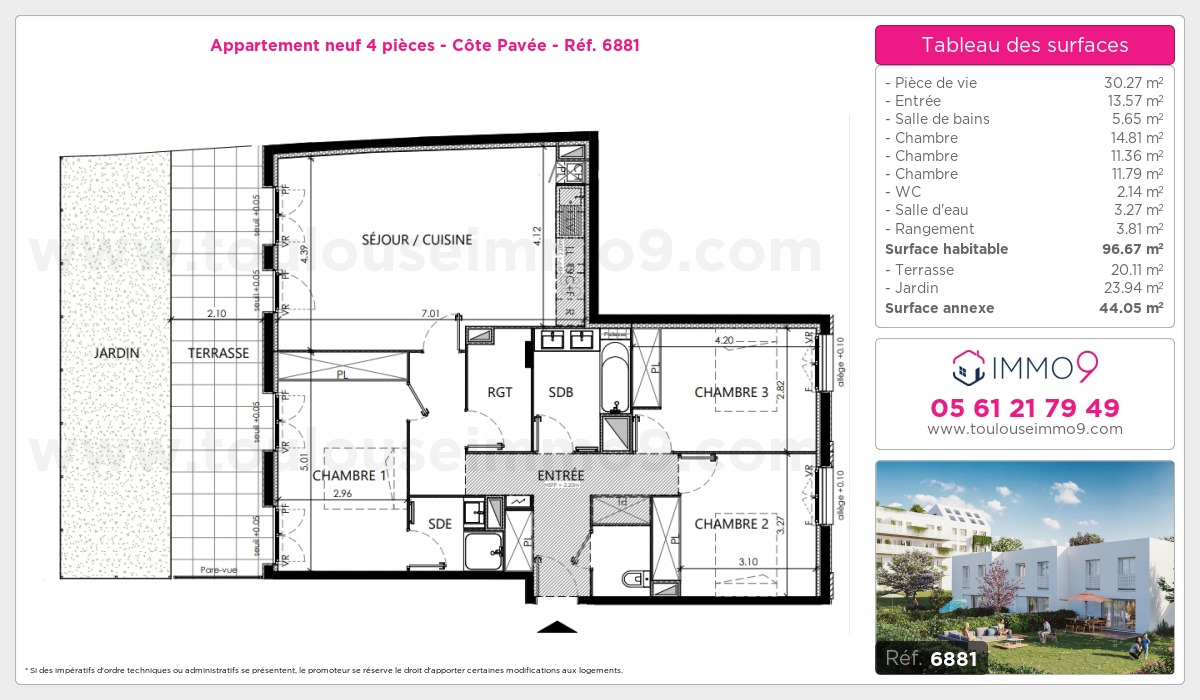 Plan et surfaces, Programme neuf Toulouse : Côte Pavée Référence n° 6881