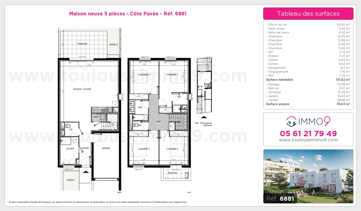 Plan et surfaces, Programme neuf Toulouse : Côte Pavée Référence n° 6881