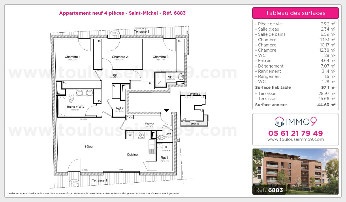 Plan et surfaces, Programme neuf Toulouse : Saint-Michel Référence n° 6883