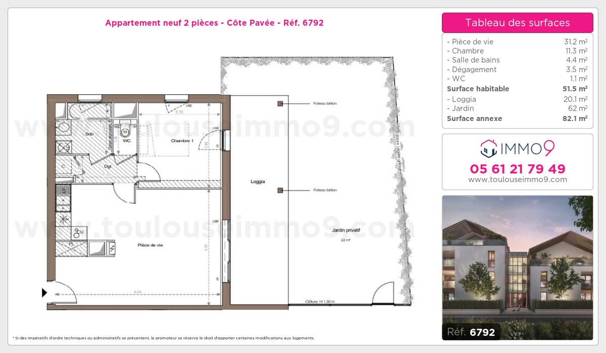 Plan et surfaces, Programme neuf Toulouse : Côte Pavée Référence n° 6792