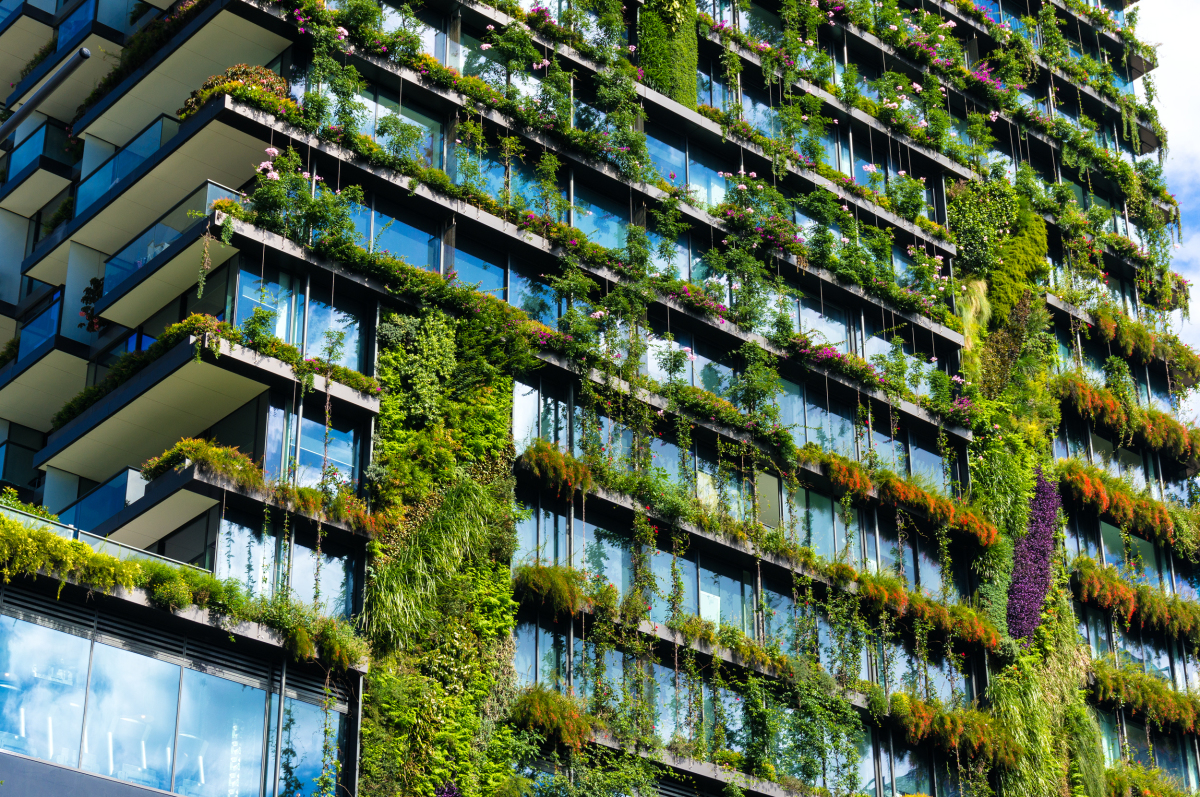 Valeur verte logement — un immeuble moderne aux façades richement végétalisées