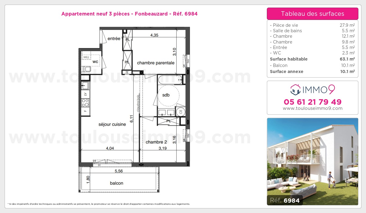 Plan et surfaces, Programme neuf Fonbeauzard Référence n° 6984