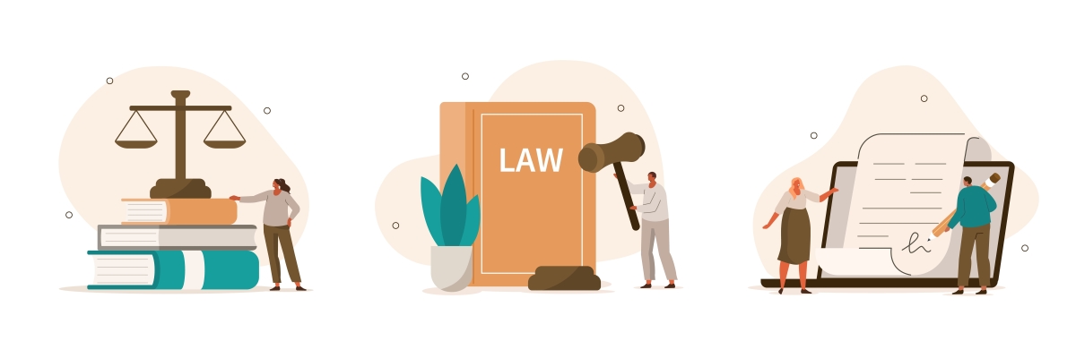 illustration de petits personnages autour de livres de droit