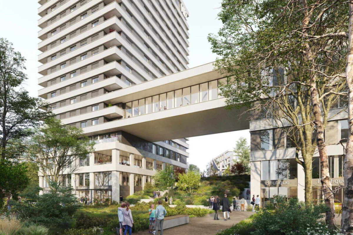 Tour Altiplano Toulouse — la passerelle liant les deux bâtiments et la jardin en escalier en-dessous