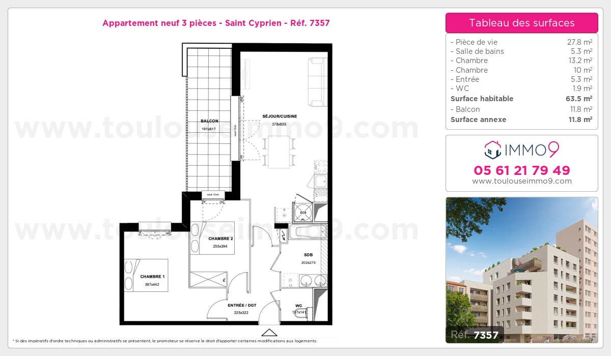 Plan et surfaces, Programme neuf Toulouse : Saint Cyprien Référence n° 7357