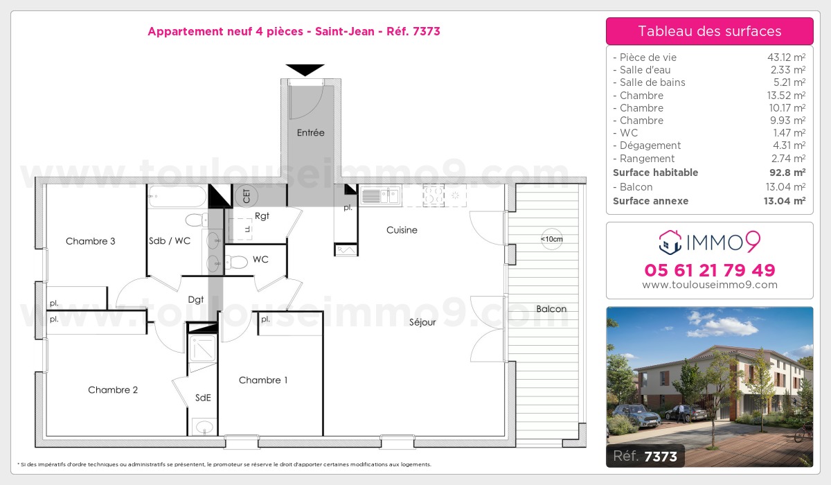 Plan et surfaces, Programme neuf Saint-Jean Référence n° 7373