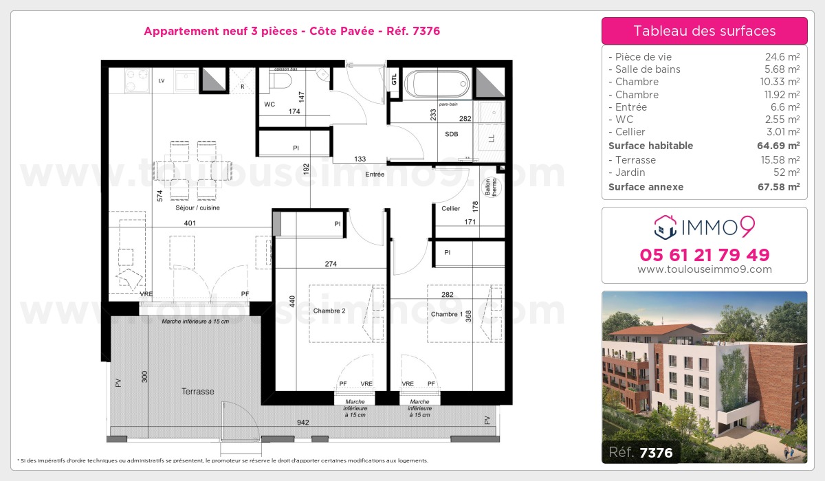 Plan et surfaces, Programme neuf Toulouse : Côte Pavée Référence n° 7376