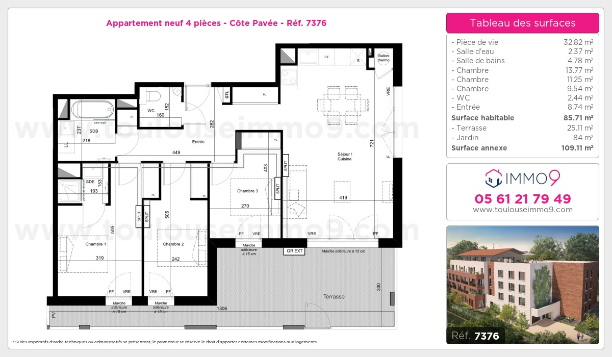 Plan et surfaces, Programme neuf Toulouse : Côte Pavée Référence n° 7376
