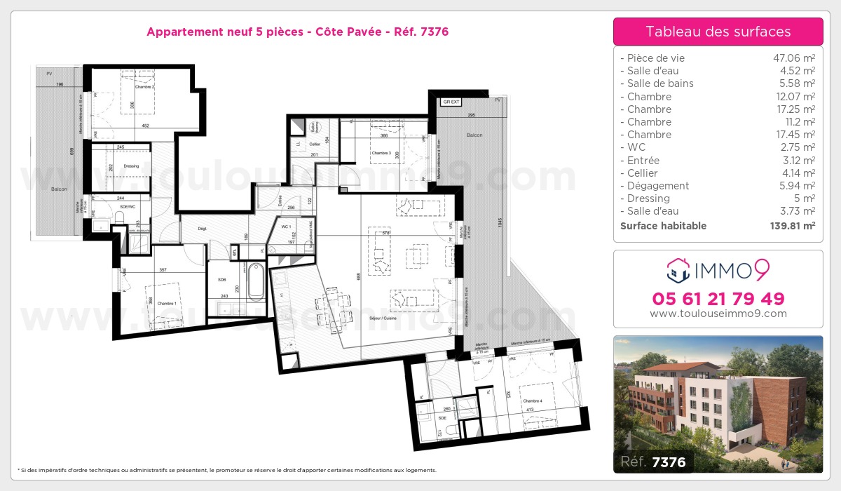 Plan et surfaces, Programme neuf Toulouse : Côte Pavée Référence n° 7376