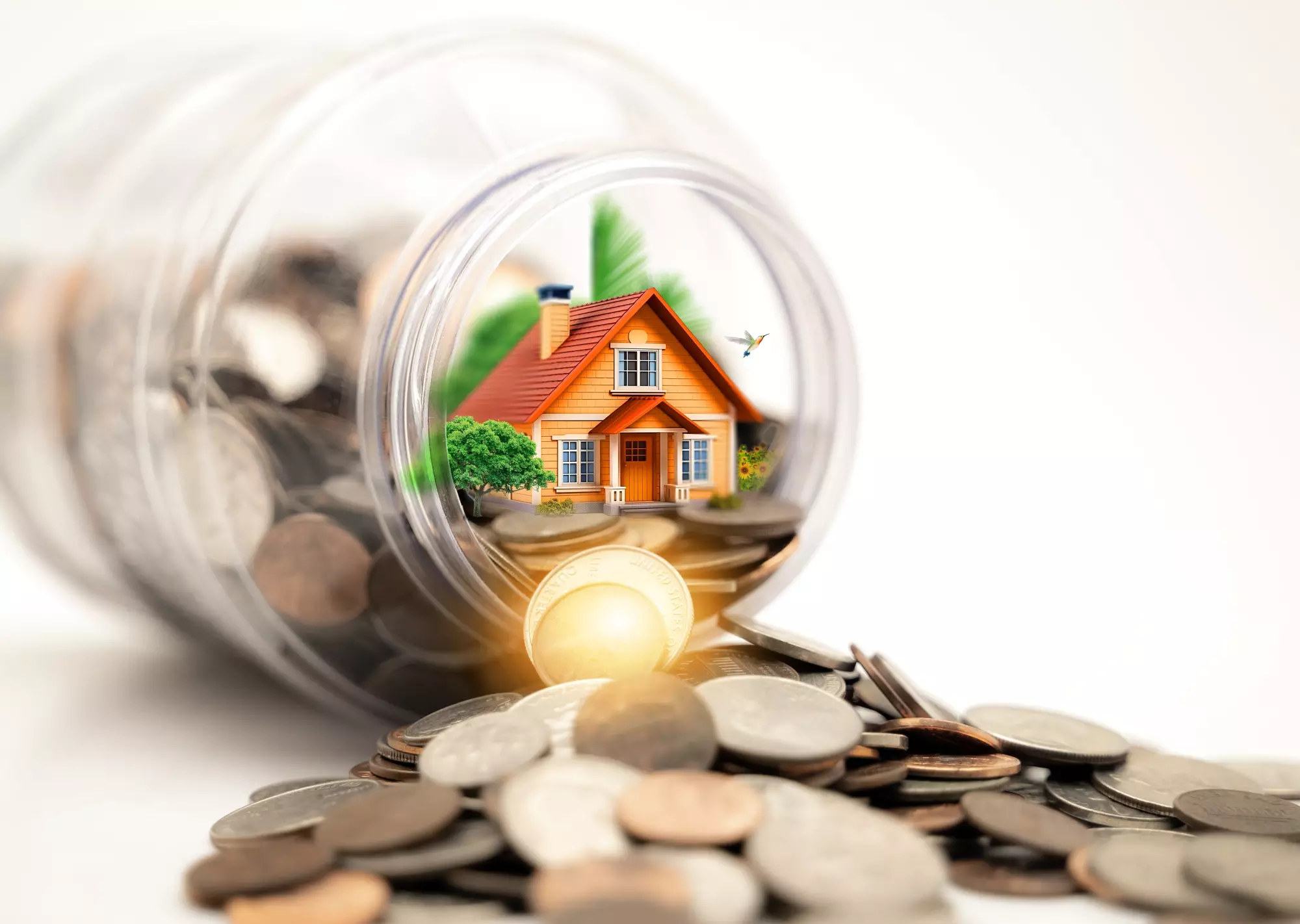 Une maison dans un bocal couché rempli de pièces de monnaie qui se déversent