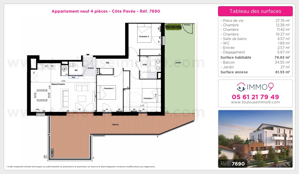 Plan et surfaces, Programme neuf Toulouse : Côte Pavée Référence n° 7690