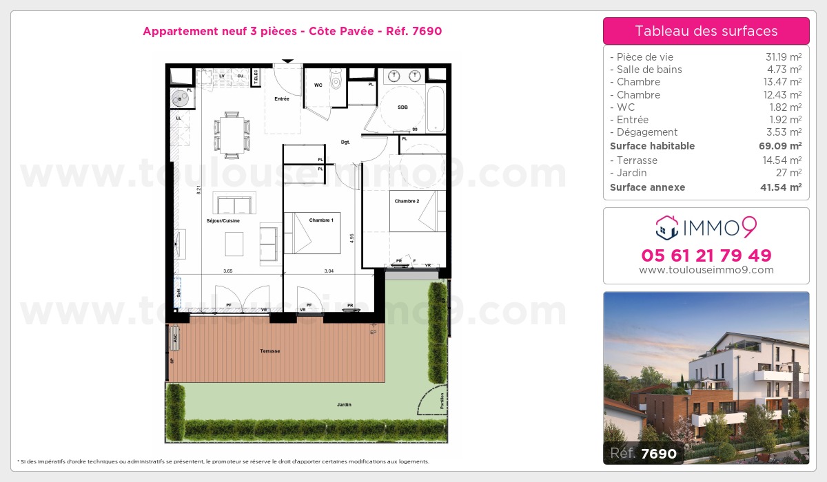 Plan et surfaces, Programme neuf Toulouse : Côte Pavée Référence n° 7690
