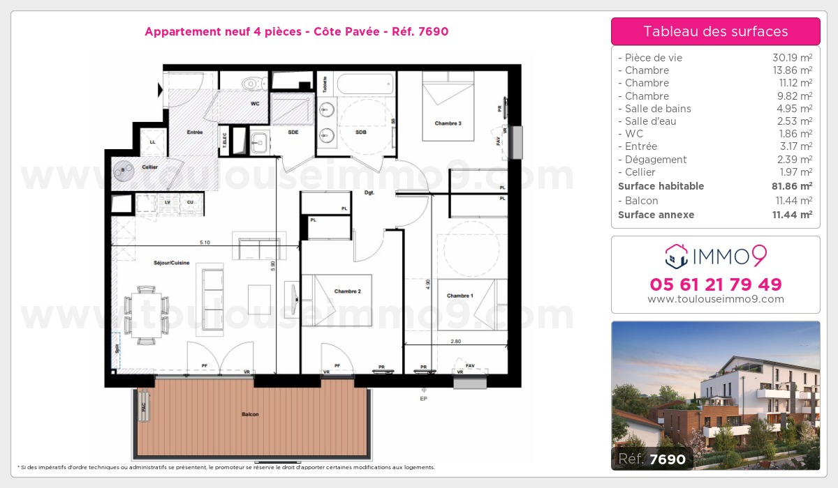 Plan et surfaces, Programme neuf Toulouse : Côte Pavée Référence n° 7690