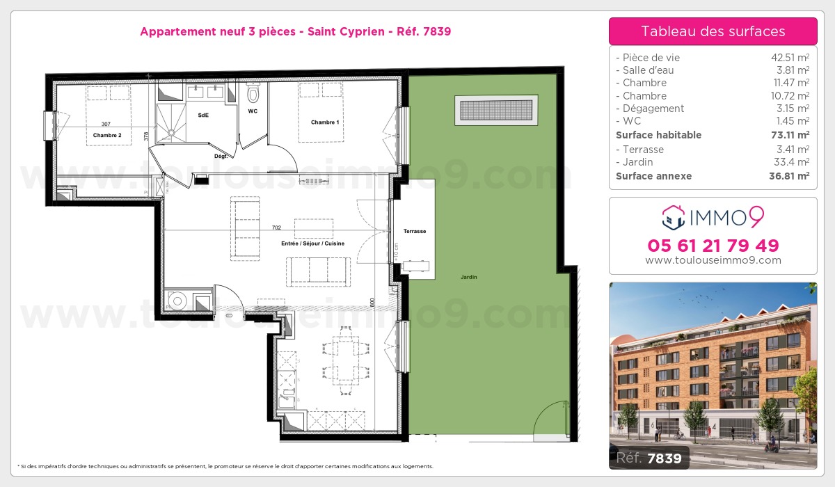 Plan et surfaces, Programme neuf Toulouse : Saint Cyprien Référence n° 7839