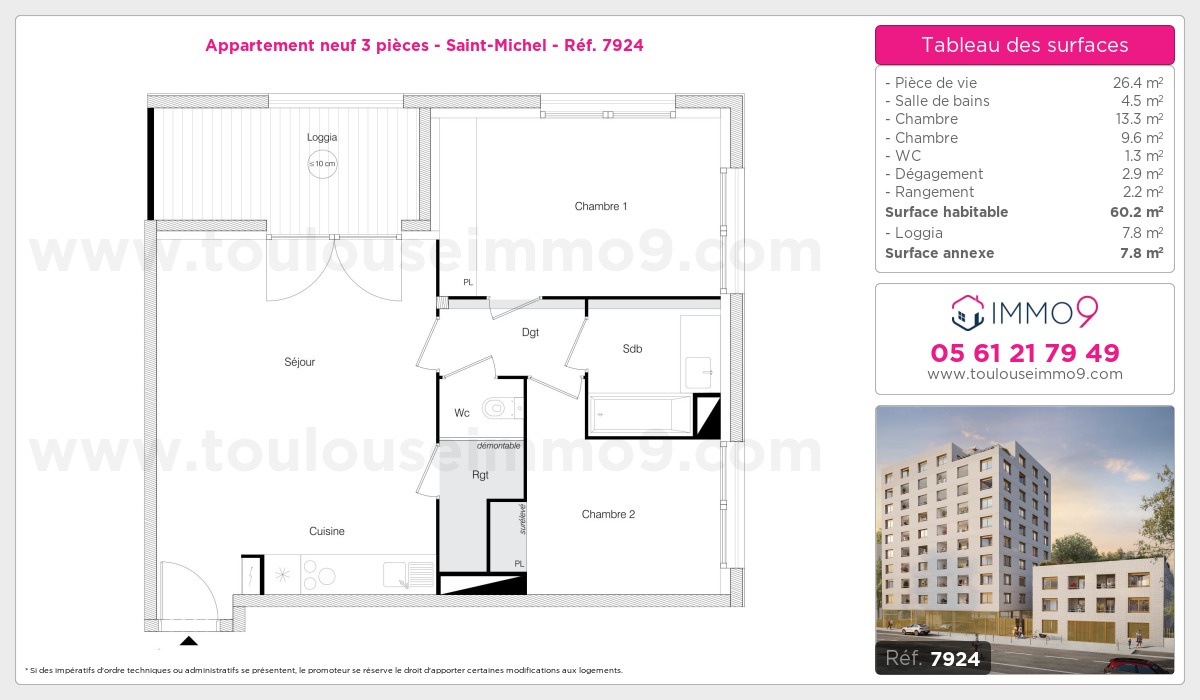 Plan et surfaces, Programme neuf Toulouse : Saint-Michel Référence n° 7924