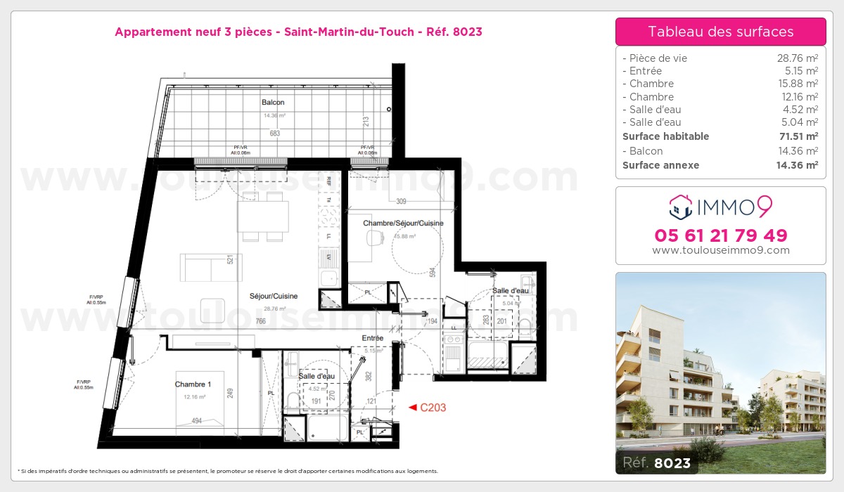 Plan et surfaces, Programme neuf Toulouse : Saint-Martin-du-Touch Référence n° 8023