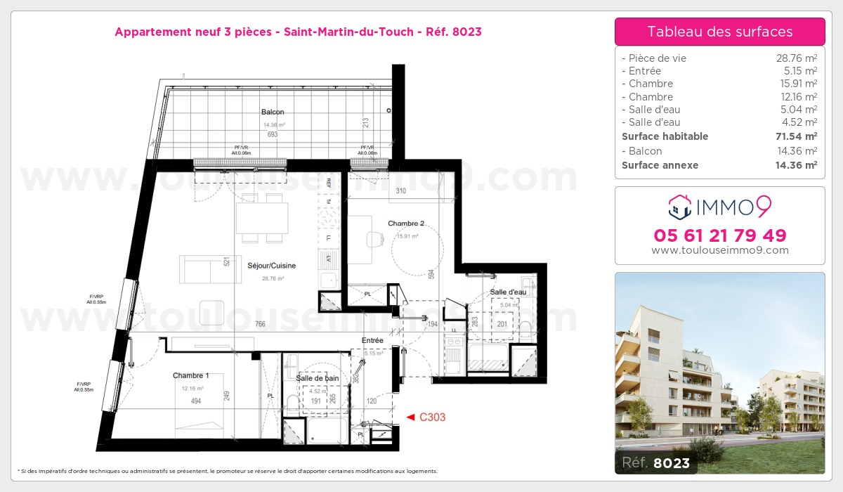 Plan et surfaces, Programme neuf Toulouse : Saint-Martin-du-Touch Référence n° 8023