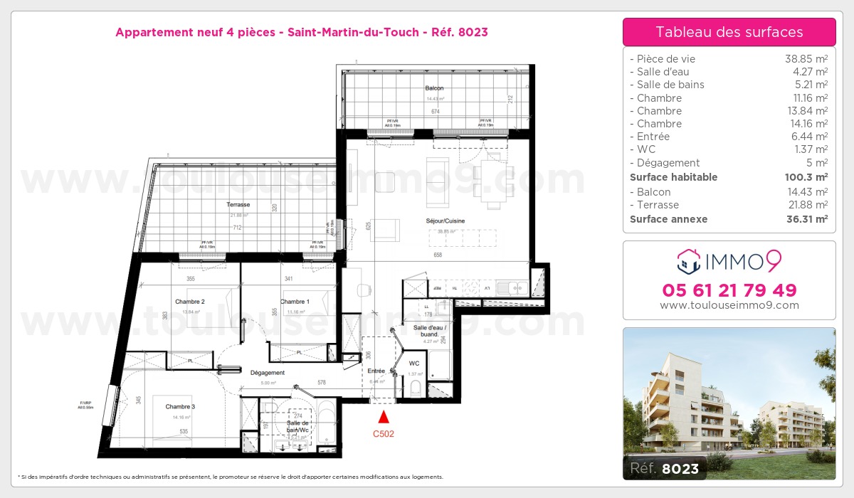 Plan et surfaces, Programme neuf Toulouse : Saint-Martin-du-Touch Référence n° 8023