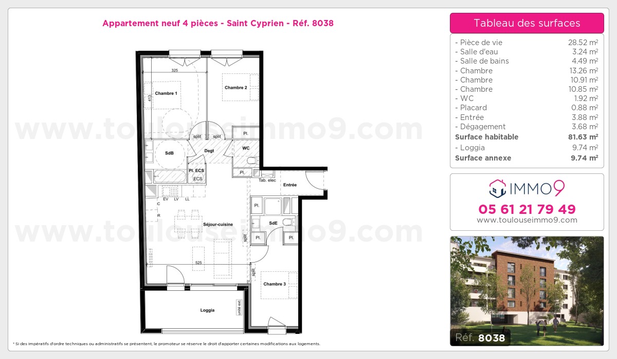Plan et surfaces, Programme neuf Toulouse : Saint Cyprien Référence n° 8038