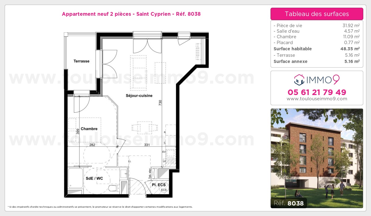 Plan et surfaces, Programme neuf Toulouse : Saint Cyprien Référence n° 8038