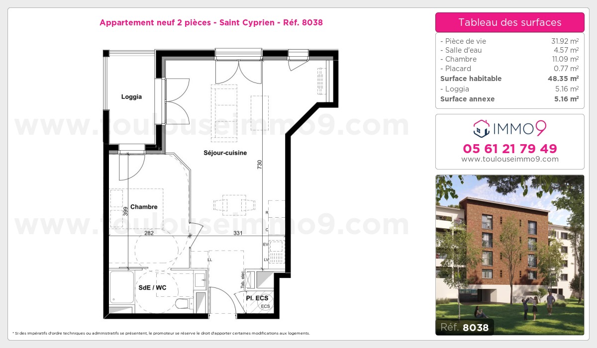 Plan et surfaces, Programme neuf Toulouse : Saint Cyprien Référence n° 8038