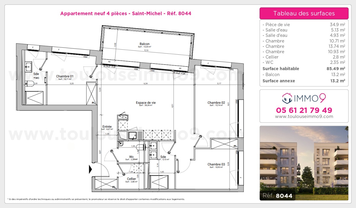 Plan et surfaces, Programme neuf Toulouse : Saint-Michel Référence n° 8044