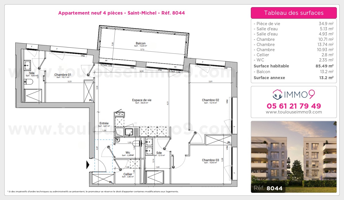 Plan et surfaces, Programme neuf Toulouse : Saint-Michel Référence n° 8044
