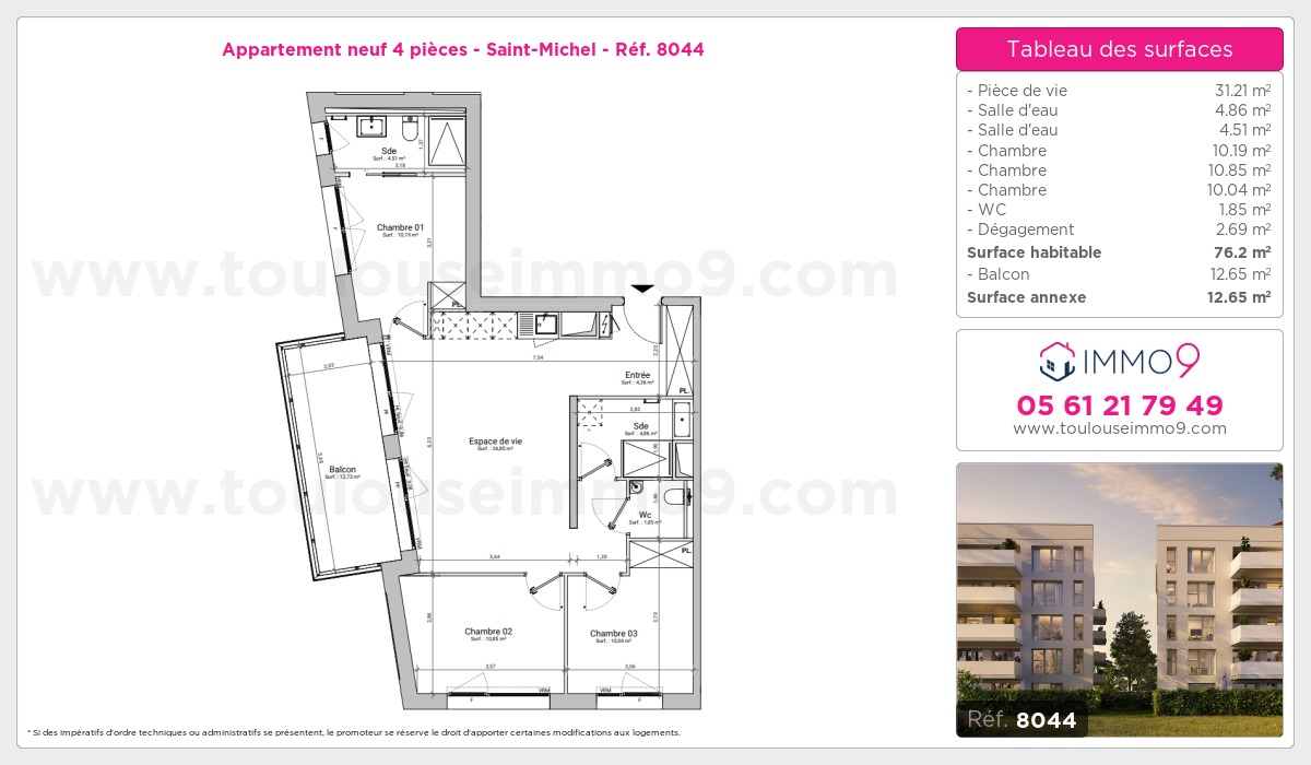 Plan et surfaces, Programme neuf Toulouse : Saint-Michel Référence n° 8044