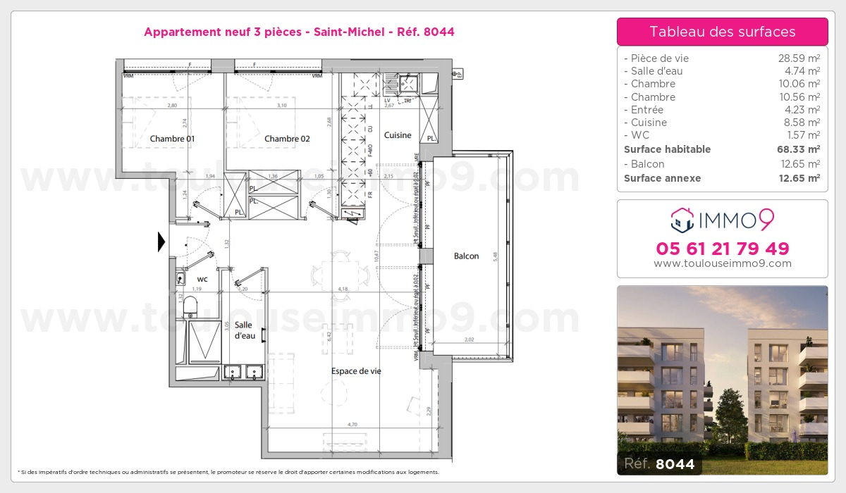 Plan et surfaces, Programme neuf Toulouse : Saint-Michel Référence n° 8044