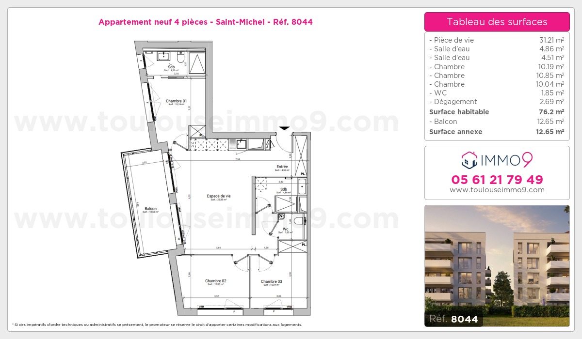 Plan et surfaces, Programme neuf Toulouse : Saint-Michel Référence n° 8044