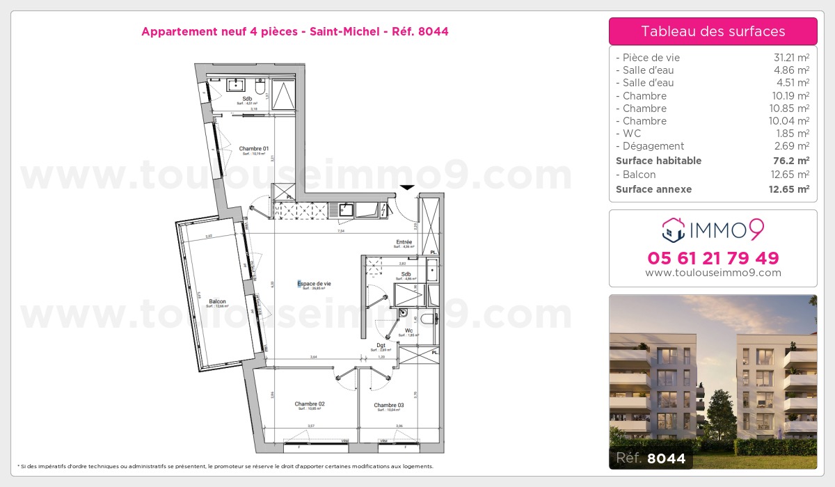 Plan et surfaces, Programme neuf Toulouse : Saint-Michel Référence n° 8044